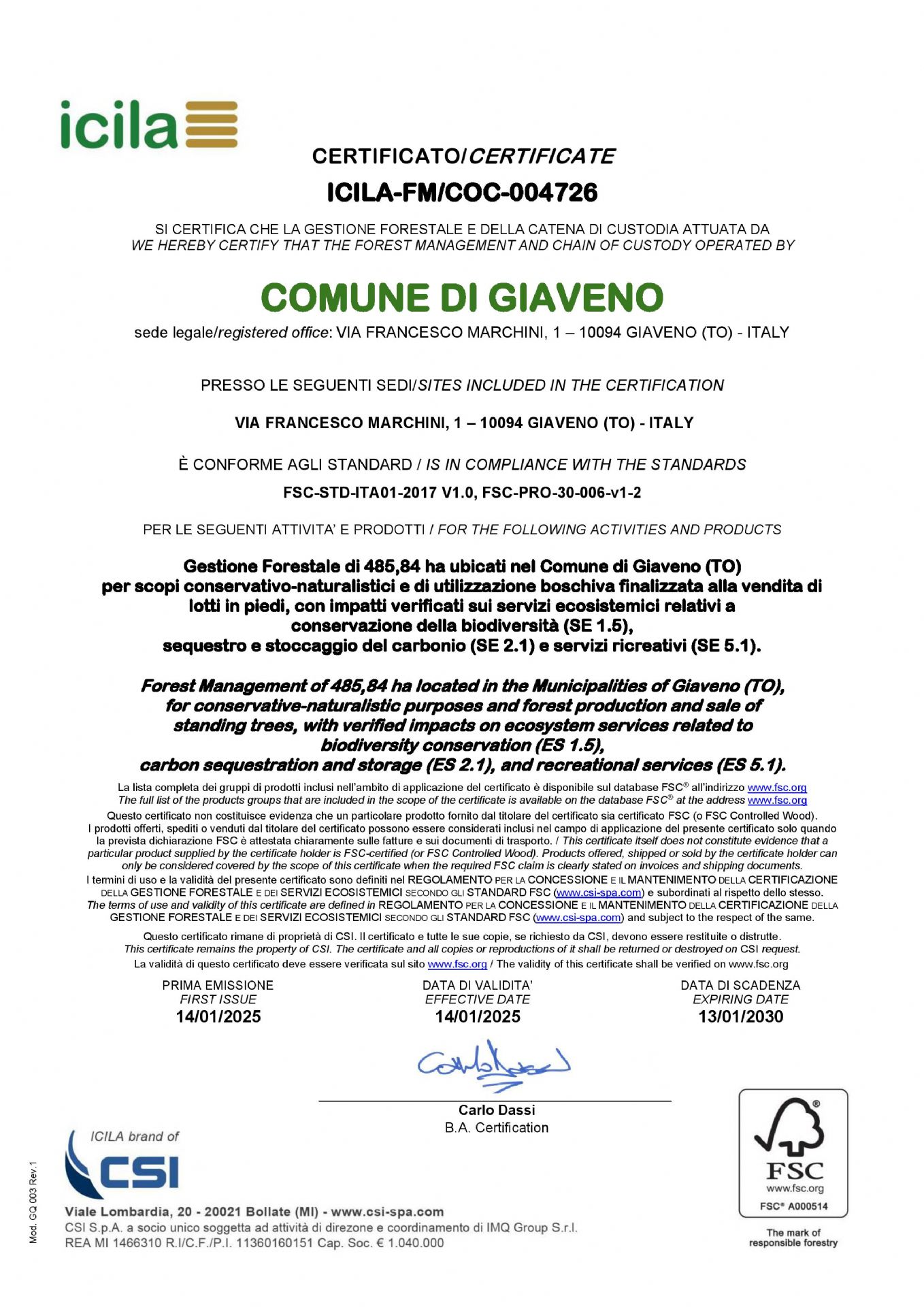 Certificato/certificate  Icila-fm/coc-004726
