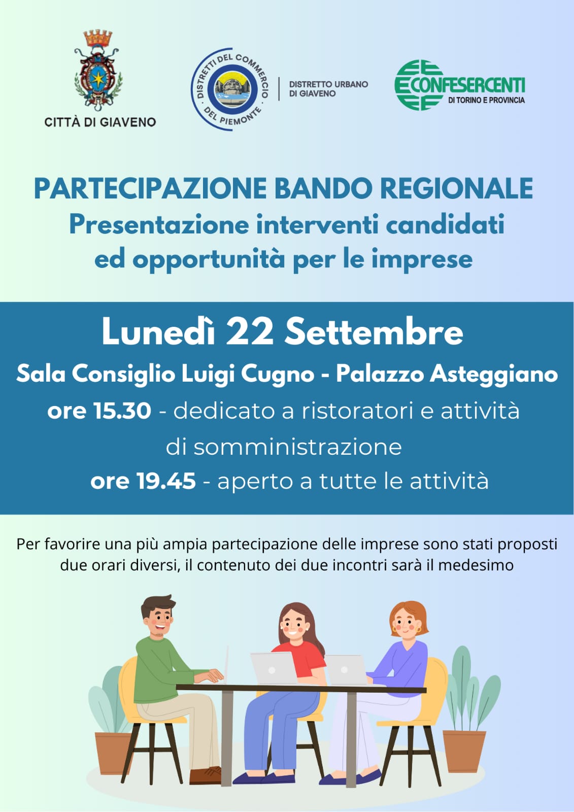 locandina indicante il giorno e orari degli incontri pubblici sul distretto del commercio con immagine di tre persone sedute ad un tavolo di lavoro