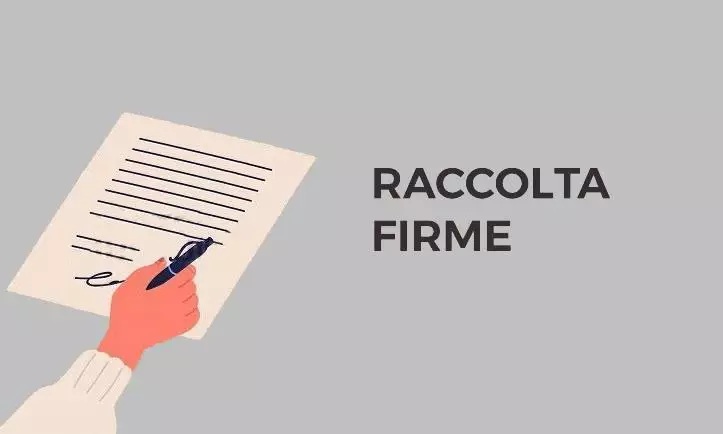 Scritta RACCOLTA FIRME in maiuscolo con foglio e mano disegnata nell'intento di firmare su sfondo grigio